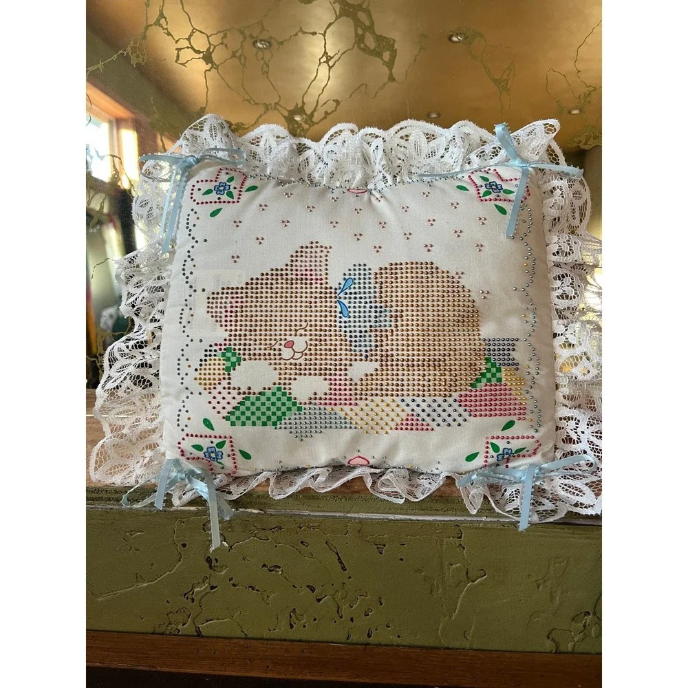 Vintage 90s Finished Bucilla Cat Pillow Cottagecore Girlhood‎ Whimsical Decor